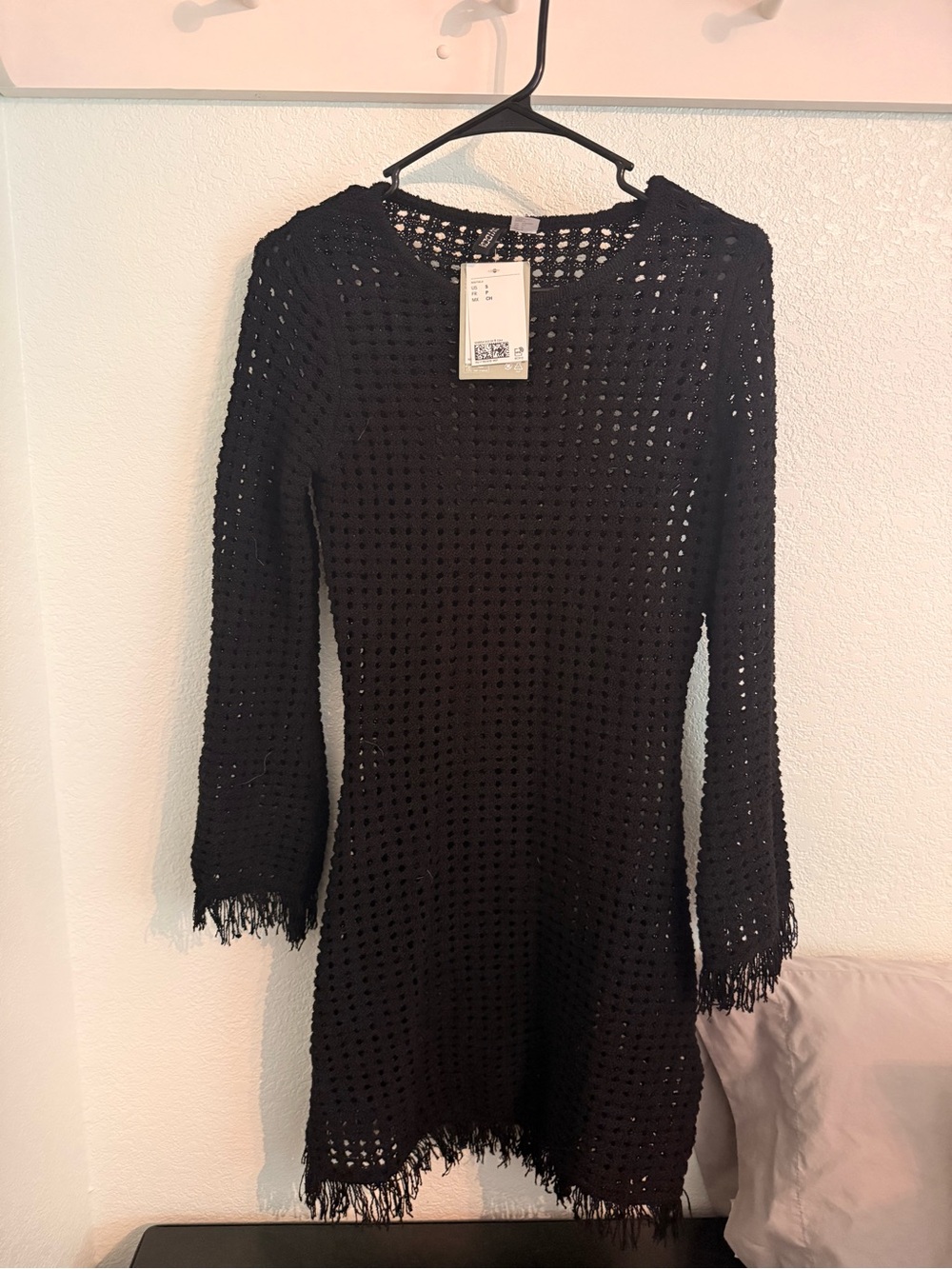 H&M Black Crochet Long-Sleeve Fringe Dress